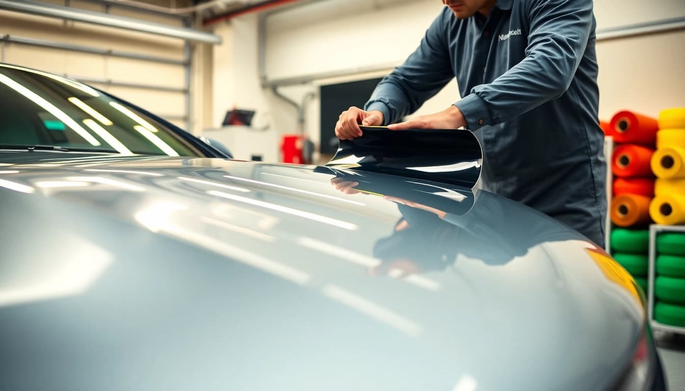 Paint protection film installer in Fort Worth applying film to luxury car's hood.