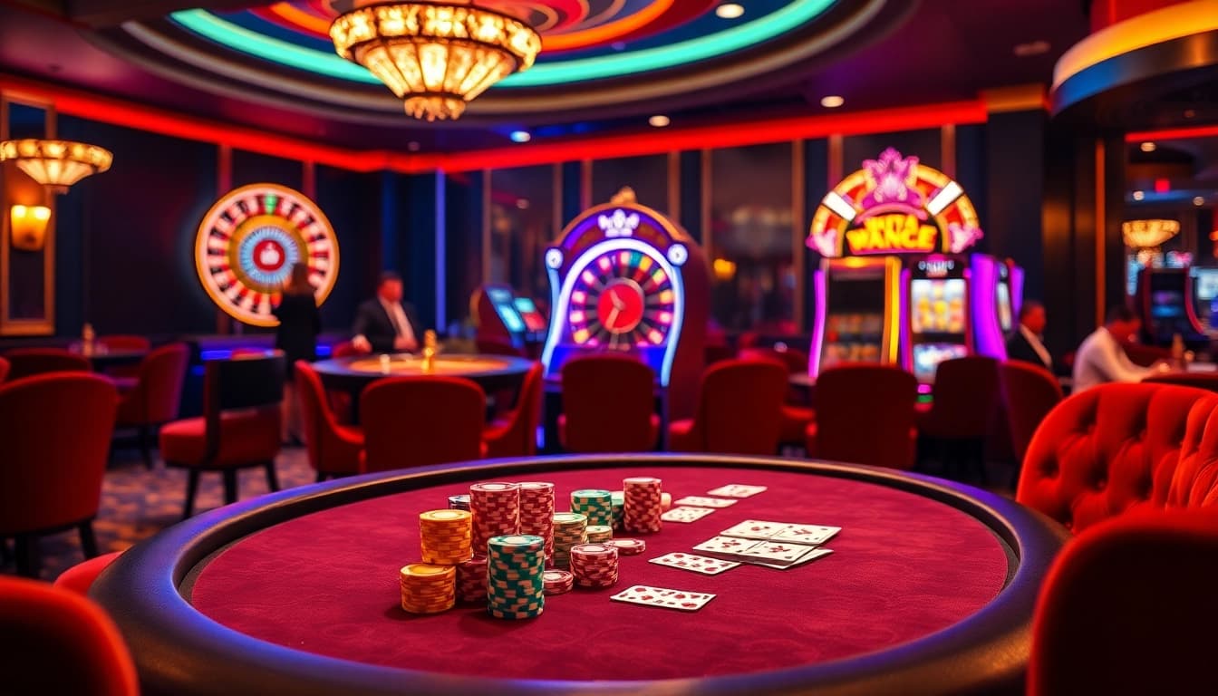 Engaging gamblers at https://i9bet2h.store/ with an exciting casino scene featuring a poker table and roulette wheel.