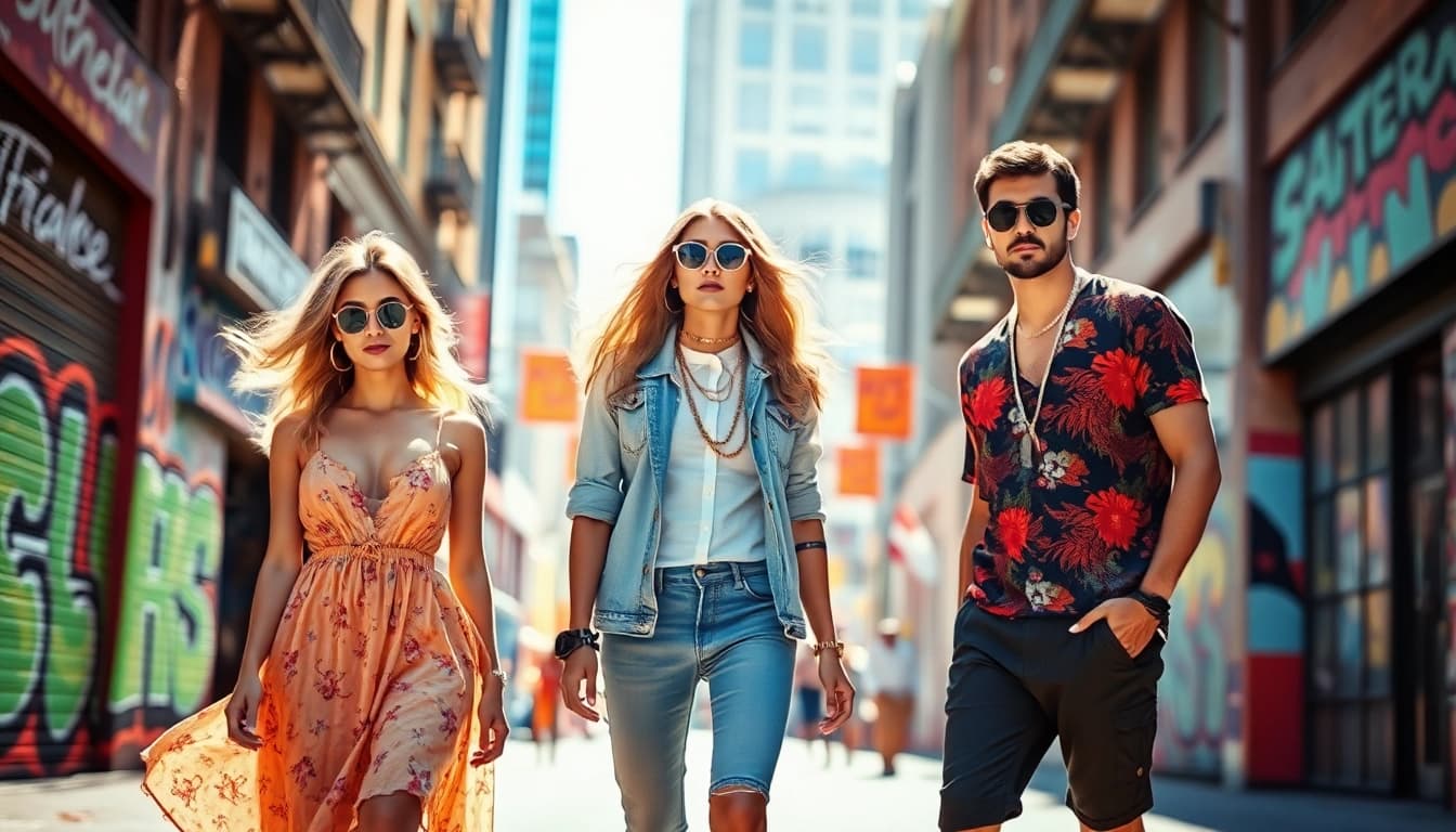 Models showcasing vibrant Fashion trends against an urban backdrop with street style.