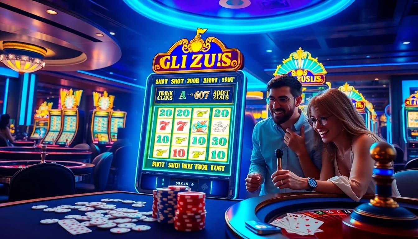 Players enjoying the thrill of Slot Zeus, the electrifying slot machine in a casino setting filled with excitement.