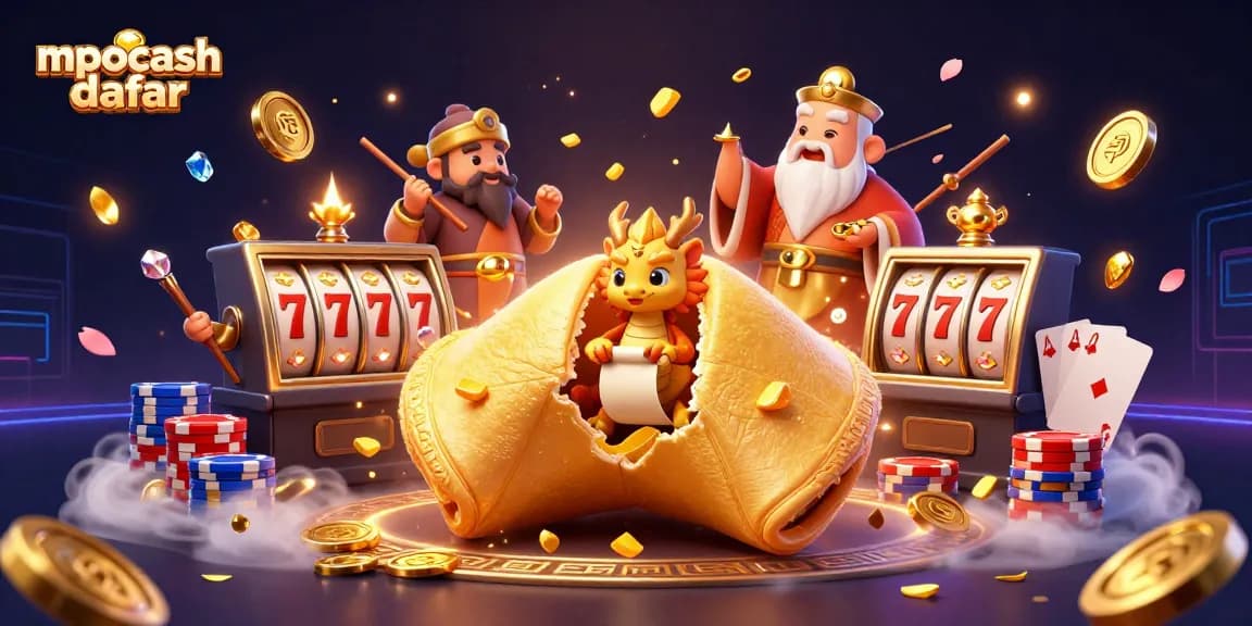 Spin big with mpocash daftar - a vibrant 3D casino scene filled with golden coins and lucky symbols.
