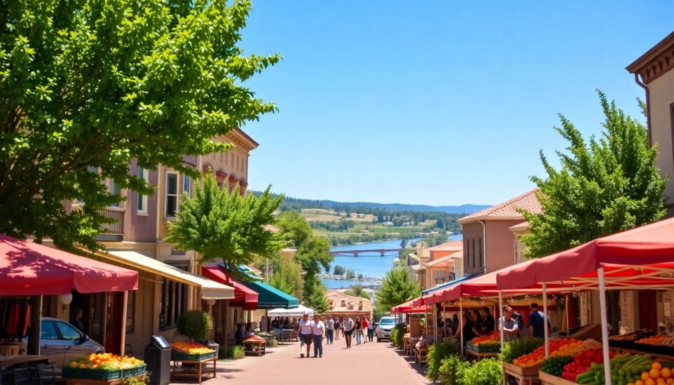 Experience vibrant community life in Clarksburg, CA, at a bustling farmer's market near a serene river.
