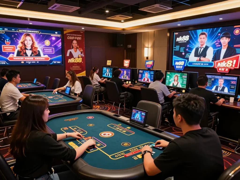 Nk88 users engaging in live dealer games online, showcasing a vibrant casino atmosphere and exciting interactions.