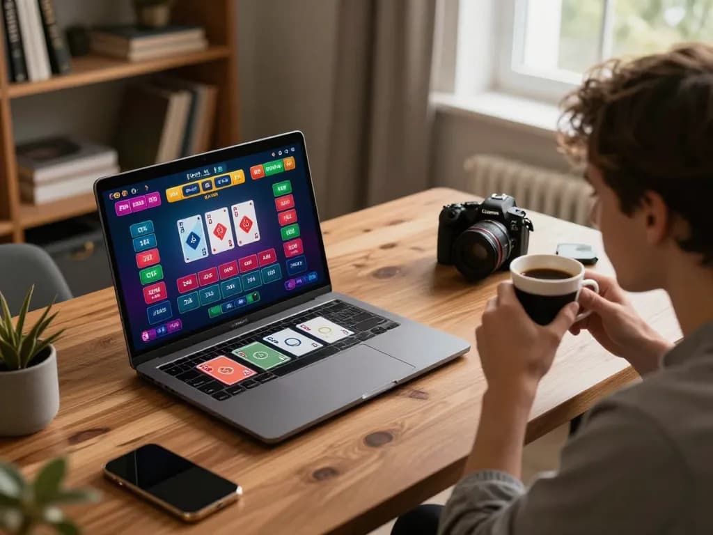 Engaging online baccarat gameplay interface on https://33cc.info/ displayed on a laptop, showcasing strategy and excitement in a cozy home office.
