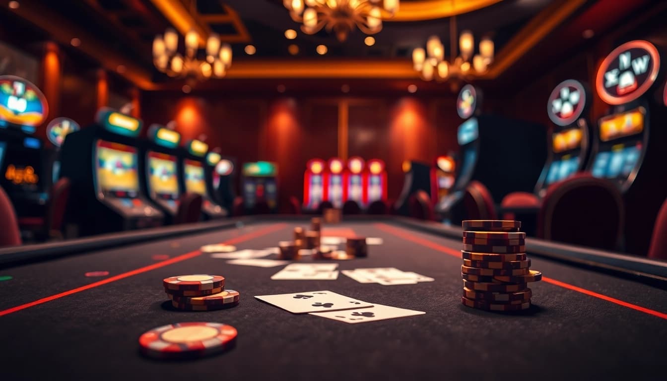 Menggambarkan pengalaman permainan kasino yyrr yang elegan dengan kartu dan chip di meja yang mewah.