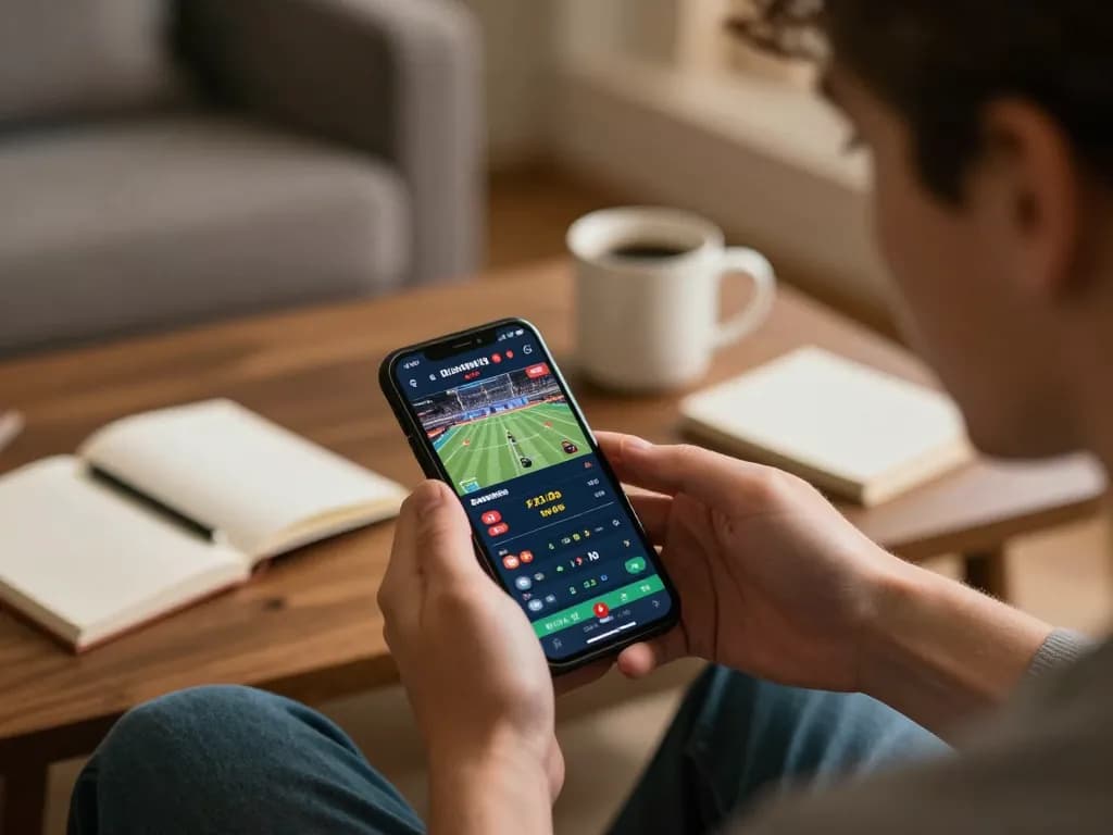 32win user placing strategic bets on a smartphone in a cozy home setting with a warm vibe.