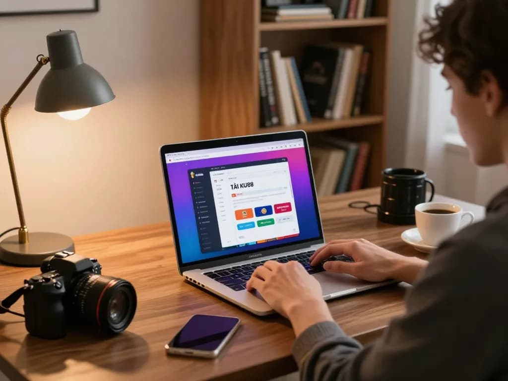 TẢI KU88 app displayed on laptop during an exciting online gaming session at home with warm lights.