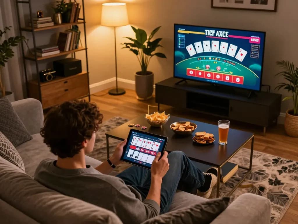 LU88 player enjoying blackjack on a tablet at home, showcasing an inviting online gaming environment.