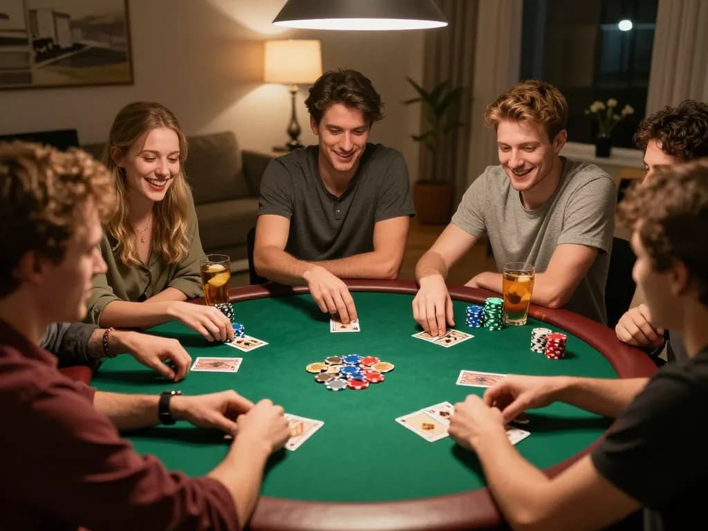 Friends enjoy an exciting poker game night at home with DEWAPOKER-themed atmosphere, laughter and cards visible.