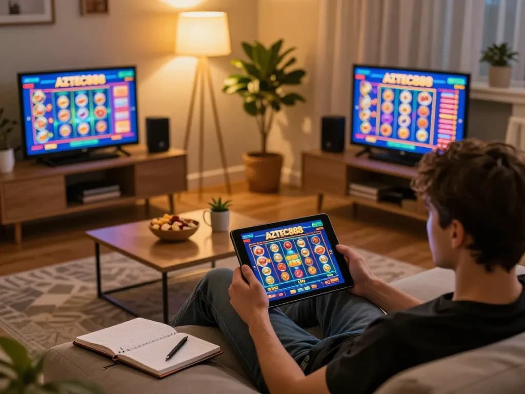 Player engaging with AZTEC888 slots interface on a tablet in a cozy home gaming environment