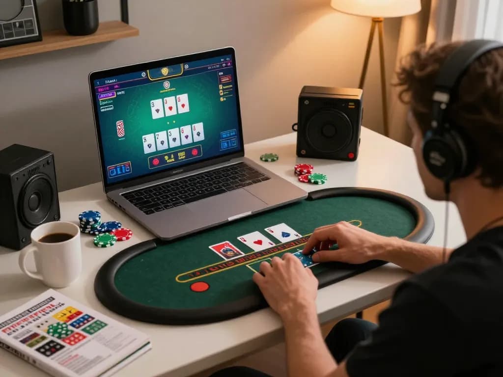 Play live dealer blackjack on vin88 vin88 with engaging home gaming setup and strategic notes.