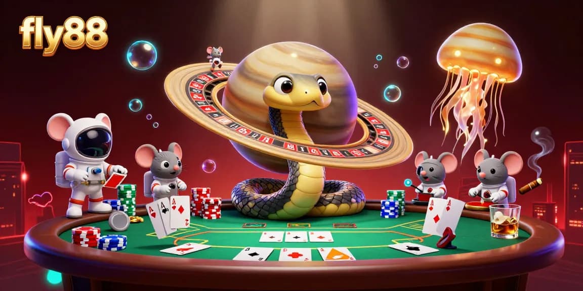 Engage in thrilling bets with fly88's cosmic casino scene featuring a Saturn ring roulette and colorful poker action