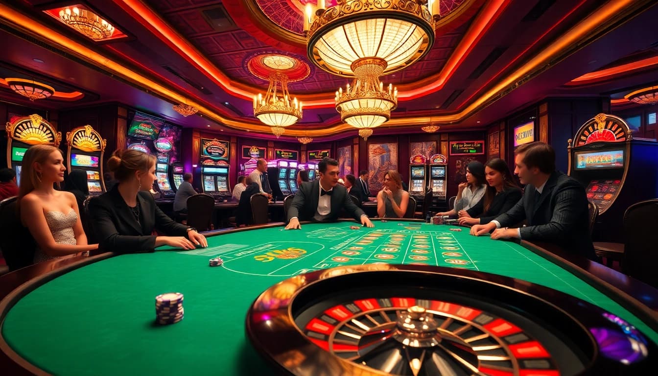 Experience the thrill of nhà cái PS99 with elegant gamblers at a luxurious casino table surrounded by vibrant games.