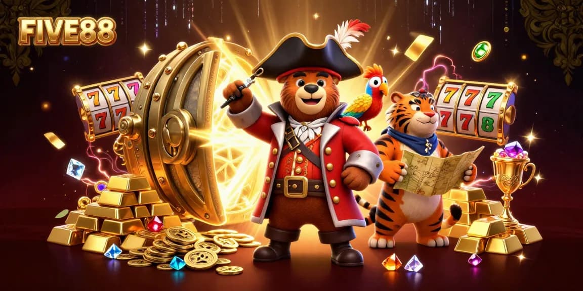 FIVE88's exciting slot adventure featuring a cartoon pirate bear and his tiger friend amidst treasures and colorful slot elements.