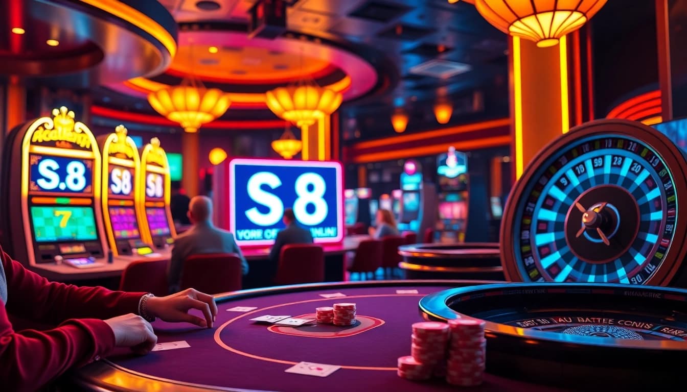 S 8 online casino interface with players engaged in poker and bright slot machines.