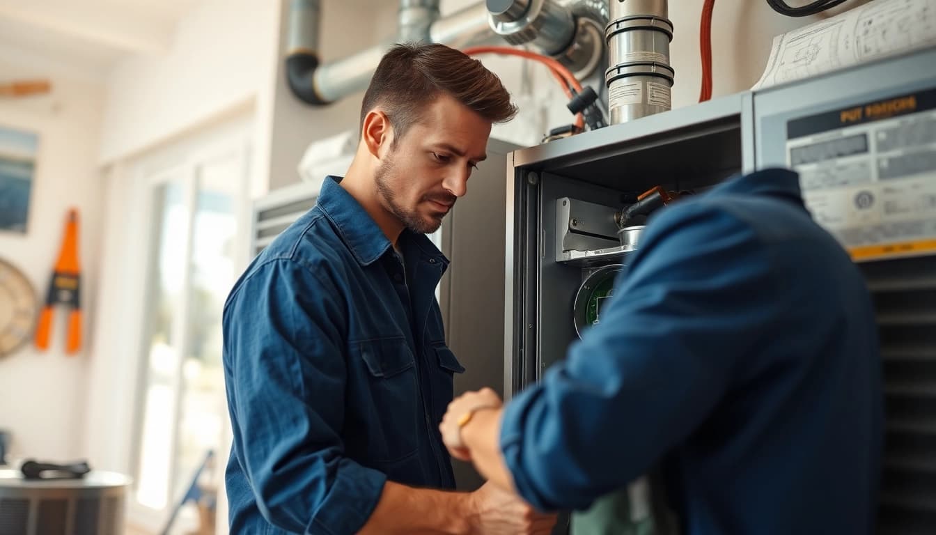Technician providing heating and cooling services in a well-lit professional environment.