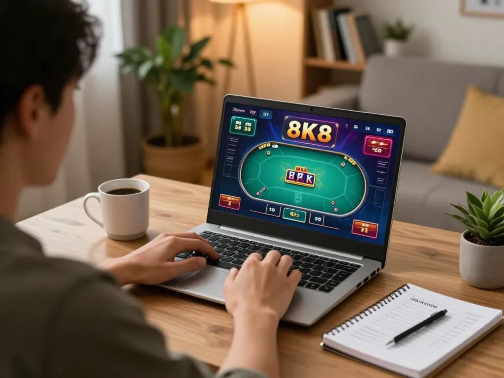 Player enjoying 8K8 online casino poker game on laptop at cozy home setup.