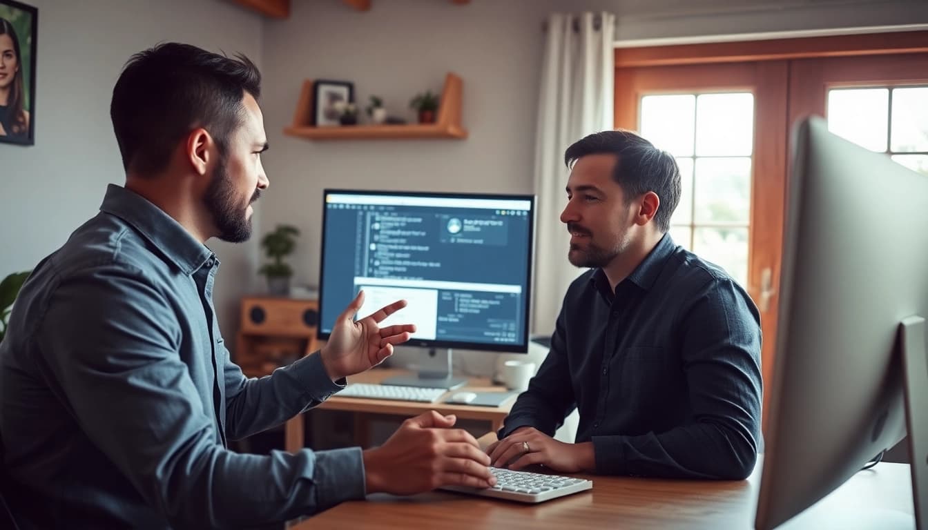 Offering computer help, a technician assists a client in a modern home office setup.