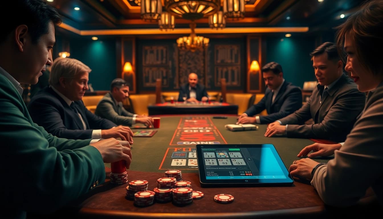 Experience thrilling gaming at pahala4d with excited players betting on a lavish casino table.