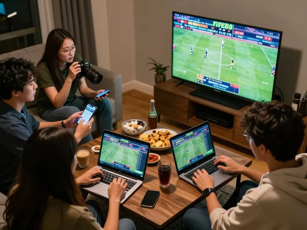 Engaging friends placing bets on FIVE88 during an exhilarating sports game at home.