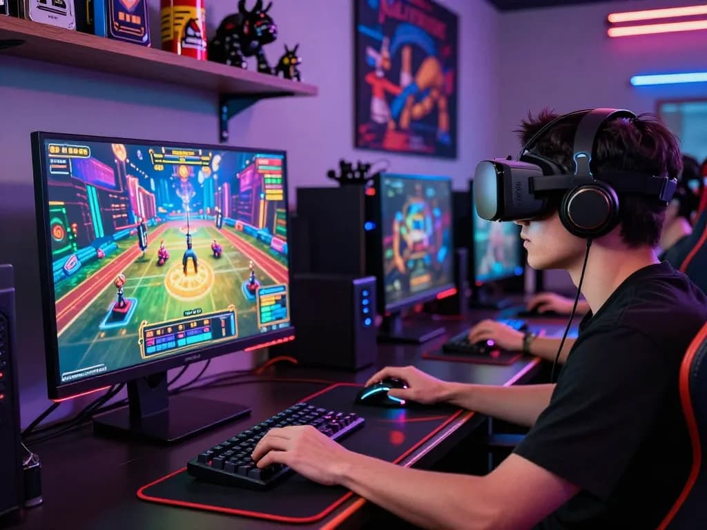 Exciting online gaming scene showcasing a focused player engaged with casino-themed game at https://32win.agency/ surrounded by vibrant gaming gear and neon lighting.