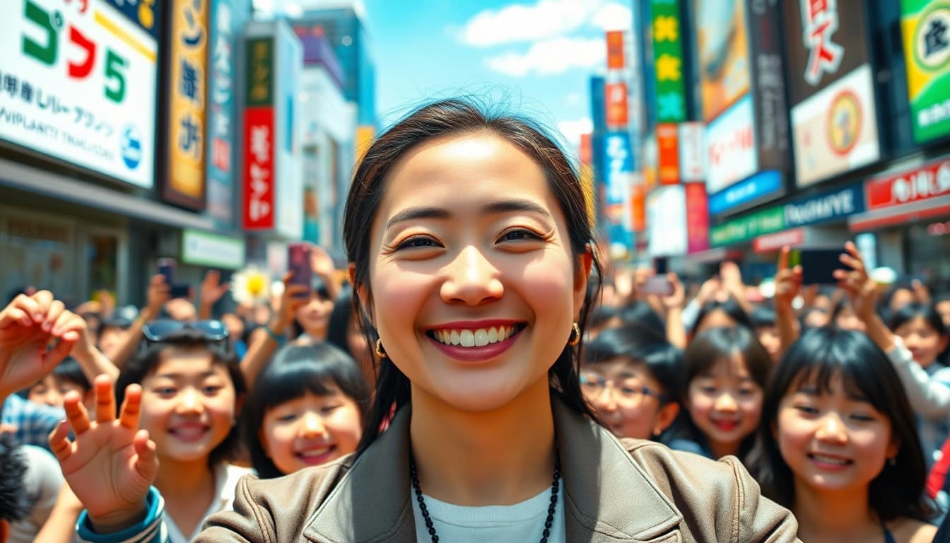 日本の有名人に関連した動きのあるトピックを紹介するシーンを描写