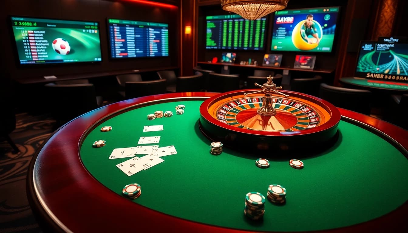 Experience high-stakes excitement at say88 nhà cái with an elegant casino scene featuring poker and roulette.