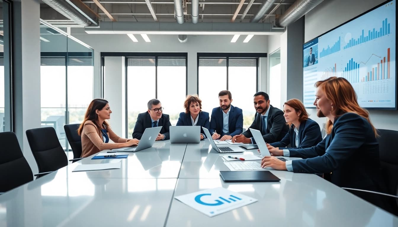 Collaborative team discussing competitive intelligence strategies in a modern workspace.