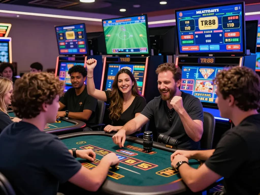 Exciting players engaging with TR88 online casino games, celebrating wins in vibrant digital atmosphere.