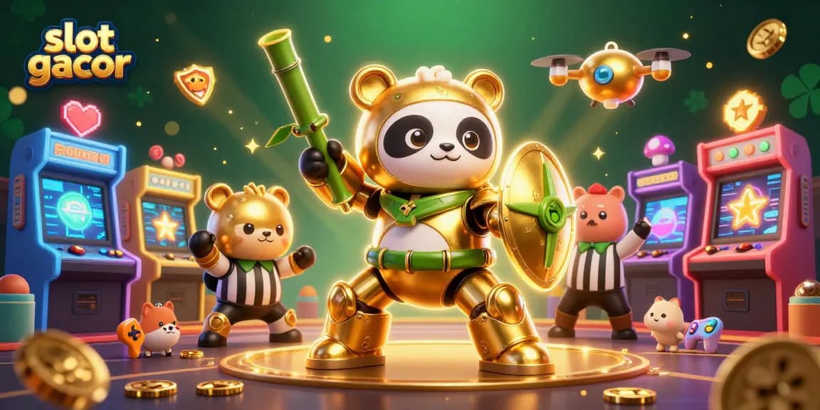 Menghadirkan slot gacor dengan panda emas yang mengemudikan robot bertema bambu di arena megah.