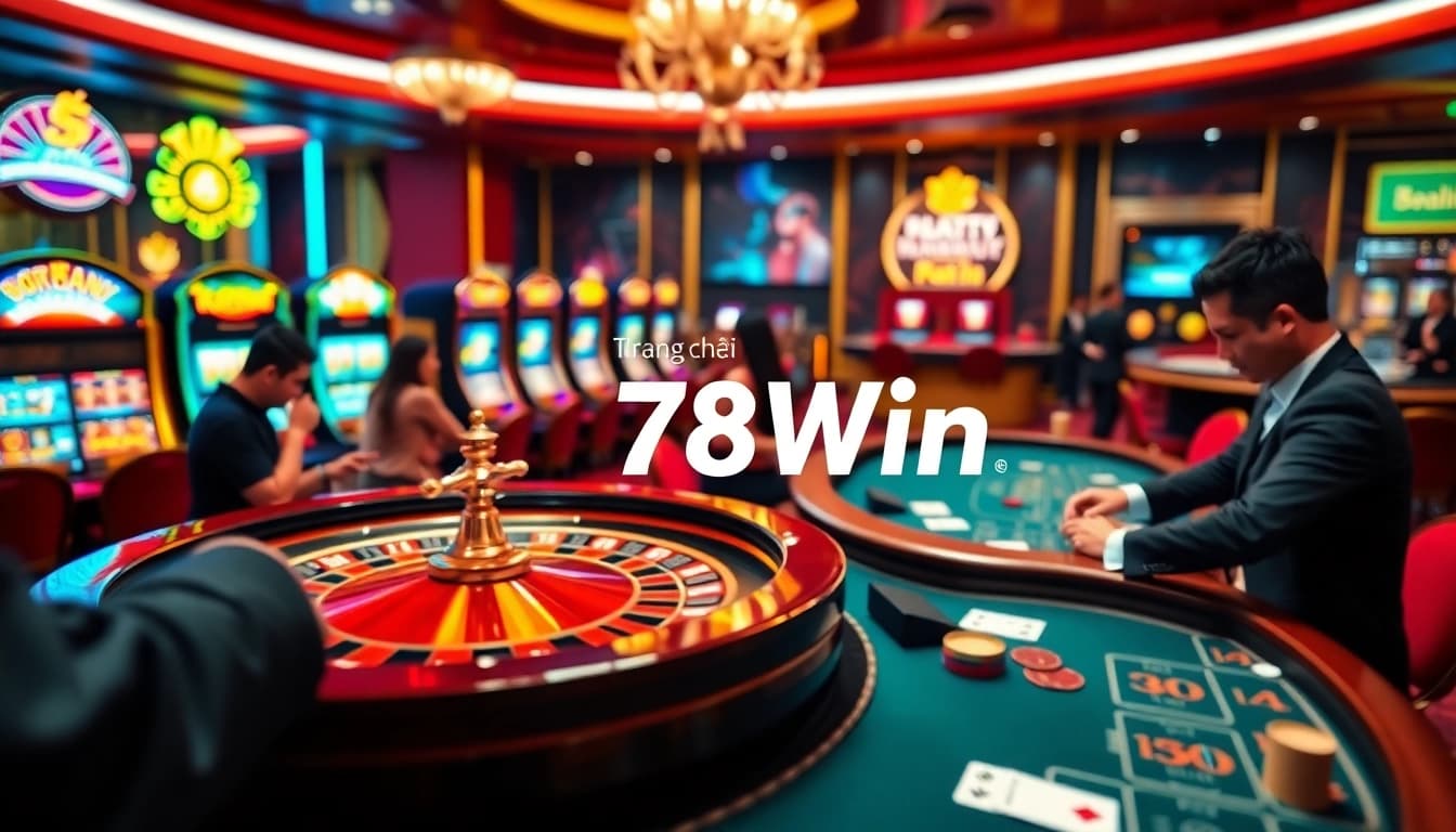 Players enjoying the excitement of Trang chủ 78Win at a luxurious casino with colorful slot machines.