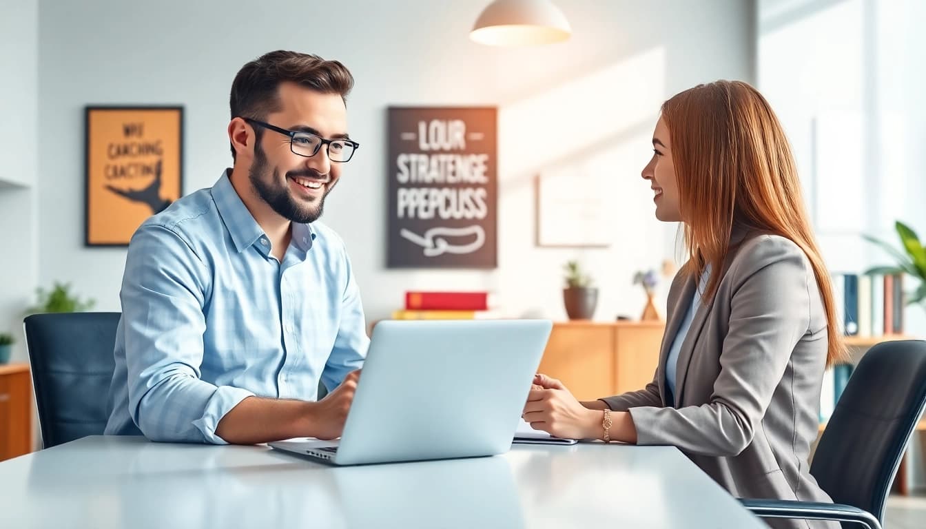 Business coach near me advising a client in a bright office setting.