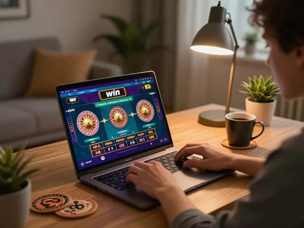 Playing the 3win game on a laptop, showing an engaging live casino experience.