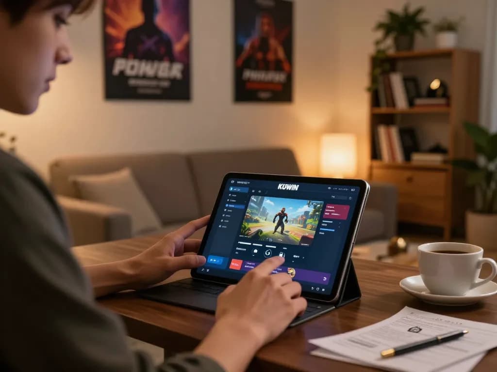 Kuwin user intensely engaging with online gambling app in modern home setting.