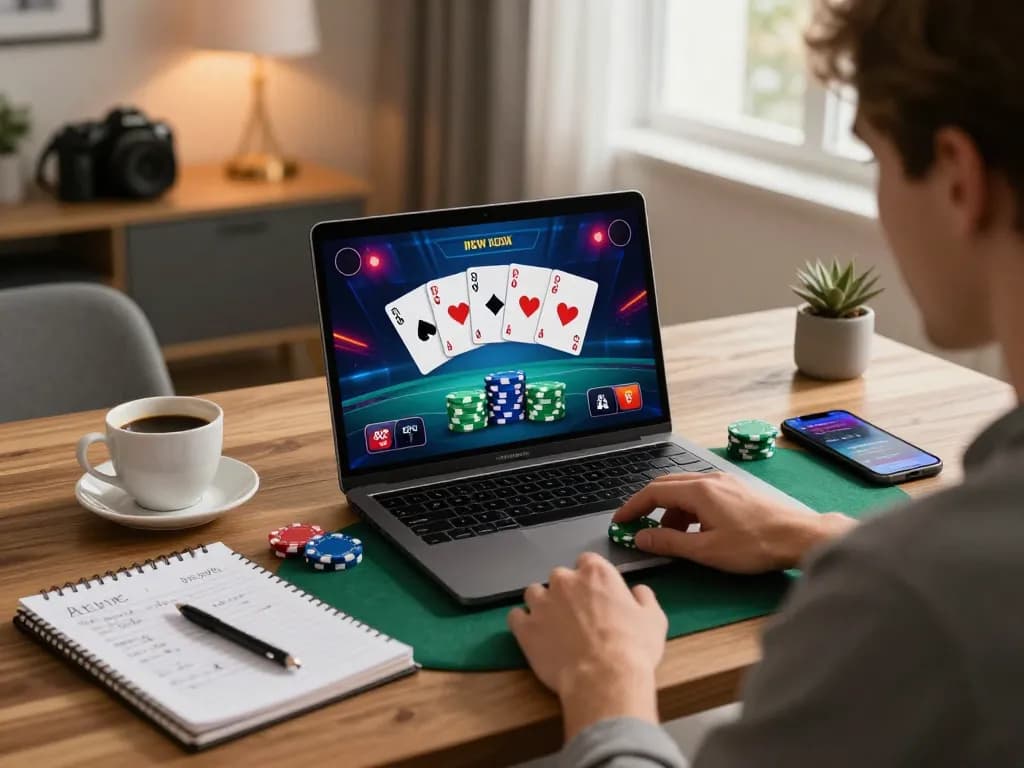 KJC engaging in online poker strategy, showcasing a focused player with vibrant game graphics and strategic notes.