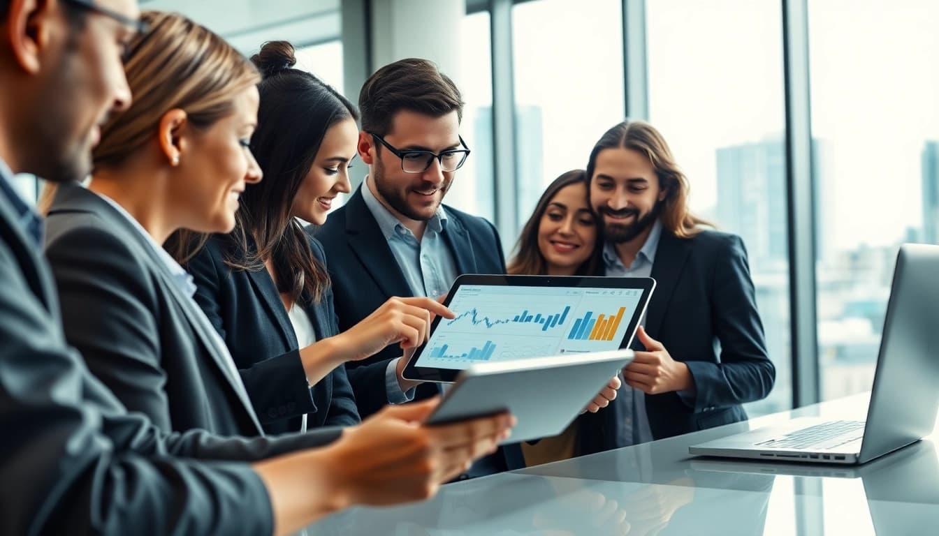 Visualize competitive intelligence for sales with a diverse team analyzing data in a modern office.