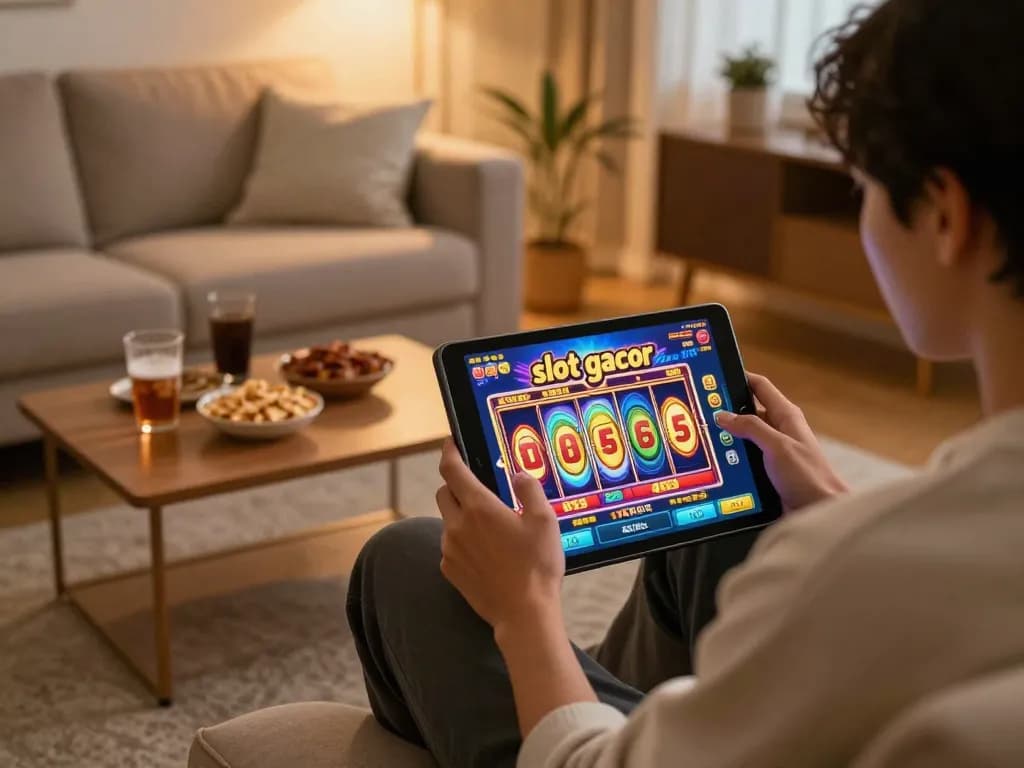 Enjoying a slot gacor game session on a tablet in a cozy home setting