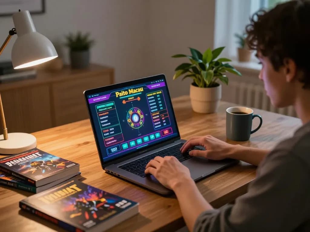 Paito Macau gaming session showcasing an engaged player using a laptop with colorful betting options.