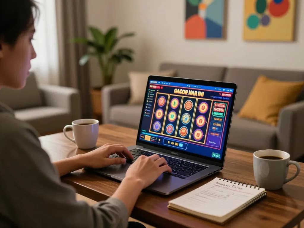 Engaging in exciting slot gacor hari ini gameplay at home on a laptop, showcasing a relaxed gaming setup.