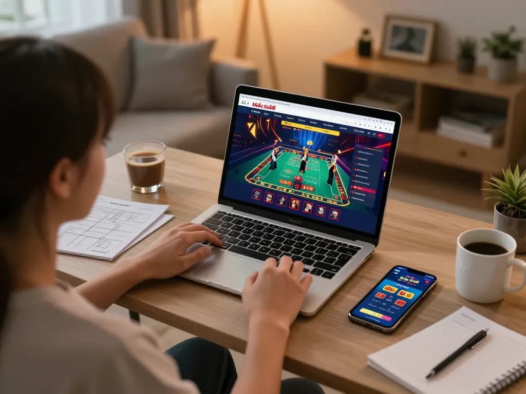 Engaging gaming scene of NHÀ CÁI DA88 with a user focused on live casino gameplay on a laptop