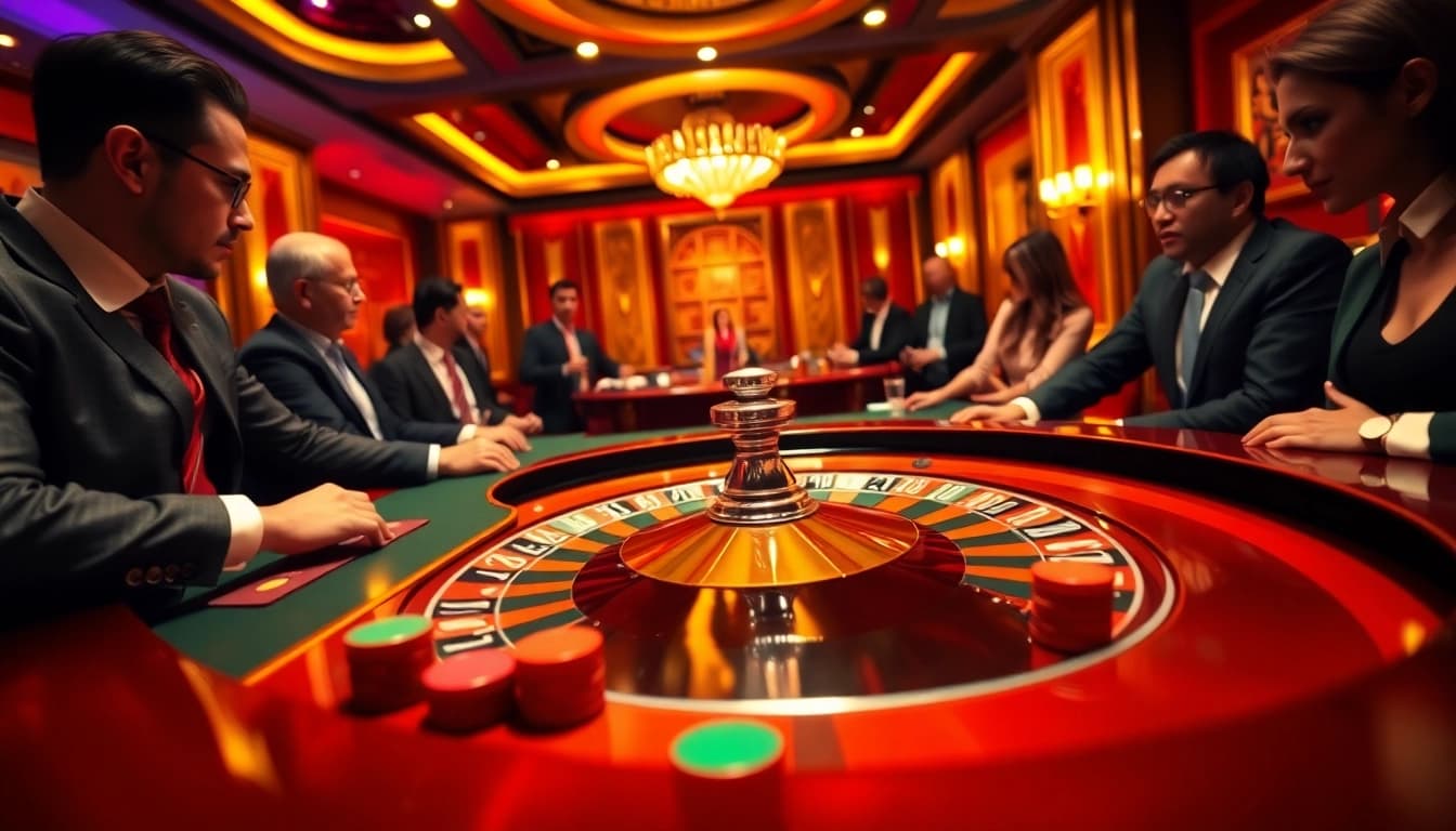 Permainan kasino yyrr yang mendebarkan dengan pemain terlibat di meja roulette.
