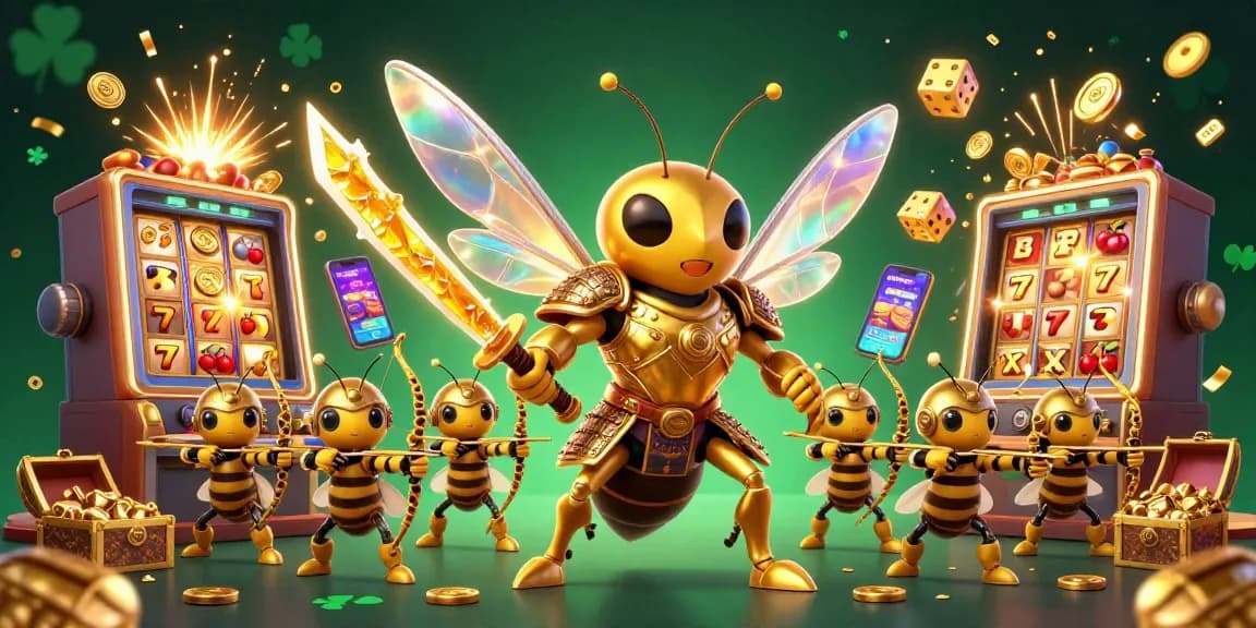 Experience the thrill of DRAGON222 with a golden hornet samurai and vibrant casino games.