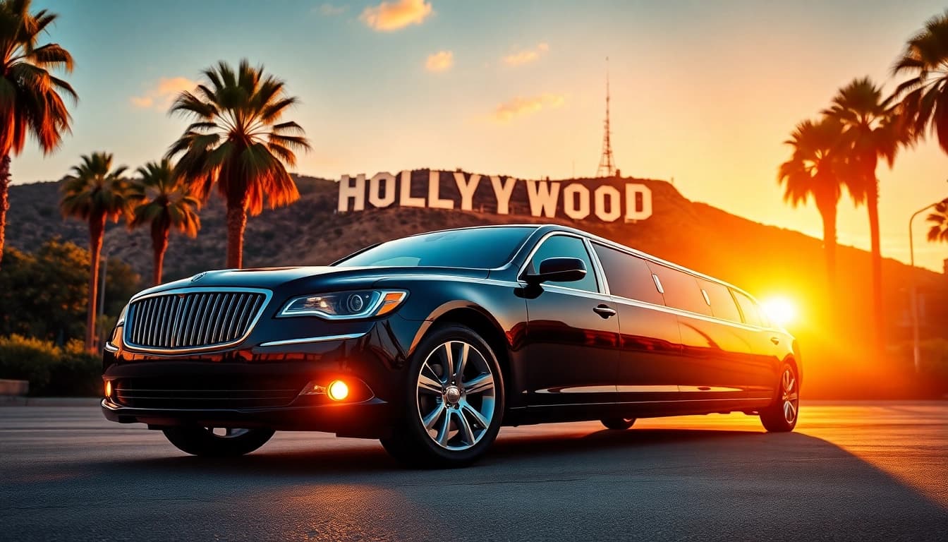 Luxurious LA Limo showcasing elegance with the Hollywood sign at sunset.