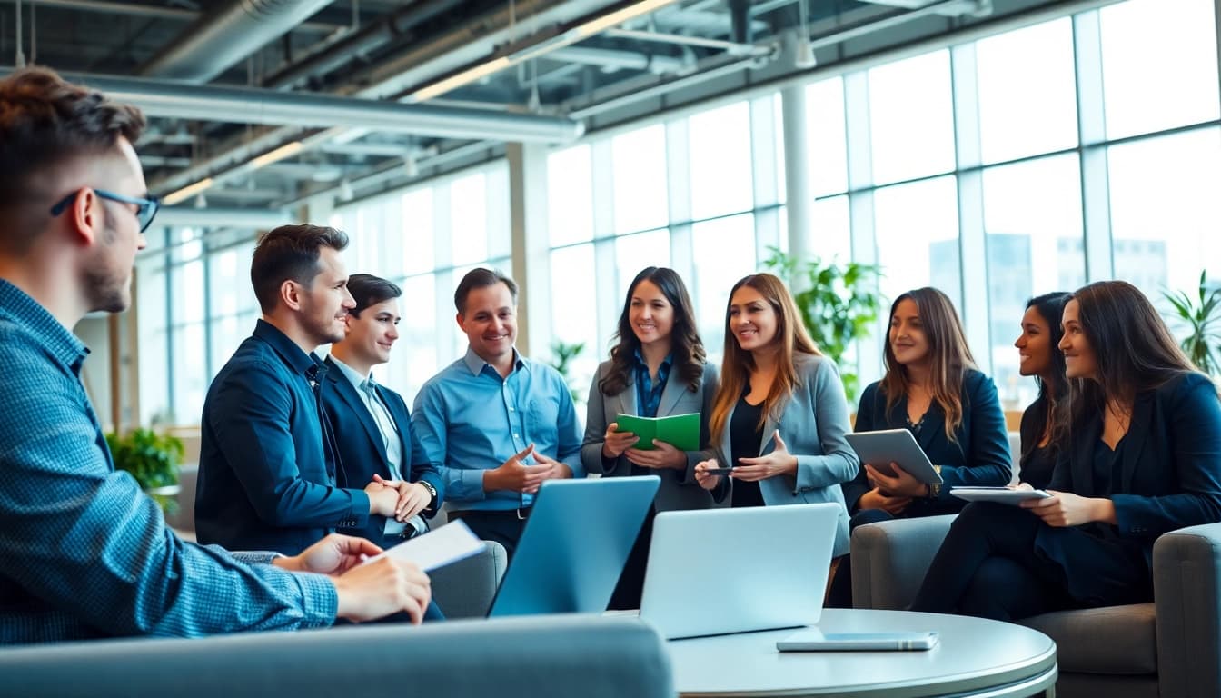 Engaged professionals collaborating at https://valuesfirst.com in a dynamic office setting.