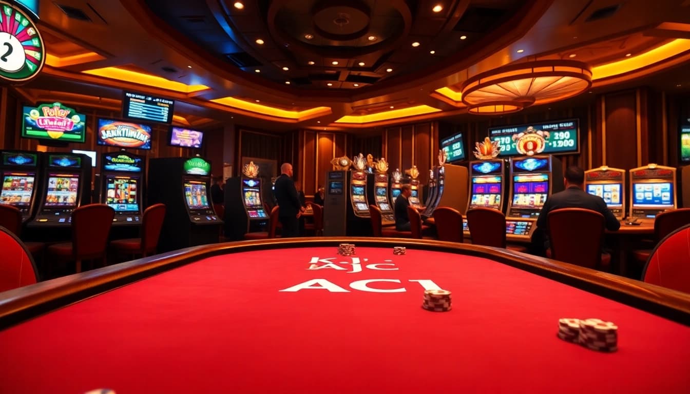 Engage with the ultimate casino experience at KJC AC 1, featuring vibrant poker tables and exciting slot machines.