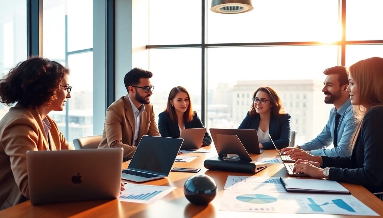 Evaluate strategies in Digital advertising during a meeting with a diverse team in a modern office.