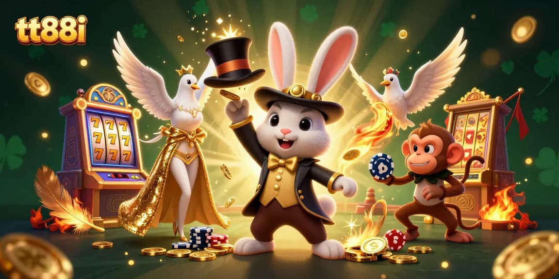 Engage in thrilling slot adventures with tt88i, featuring a magician rabbit, dove, and monkey in an exciting casino scene.