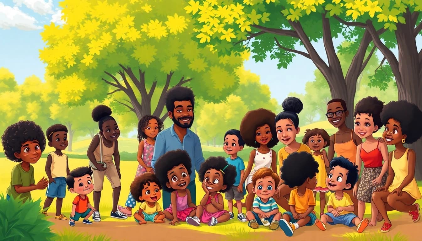 A joyful scene featuring children interacting with iconic African American cartoons in a vibrant park setting.