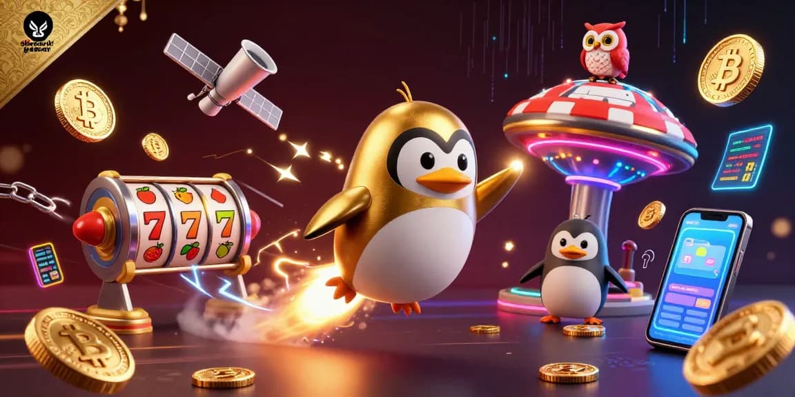 Situs slot gacor themed illustration showcasing a golden penguin and casino elements in a vibrant gambling scene.