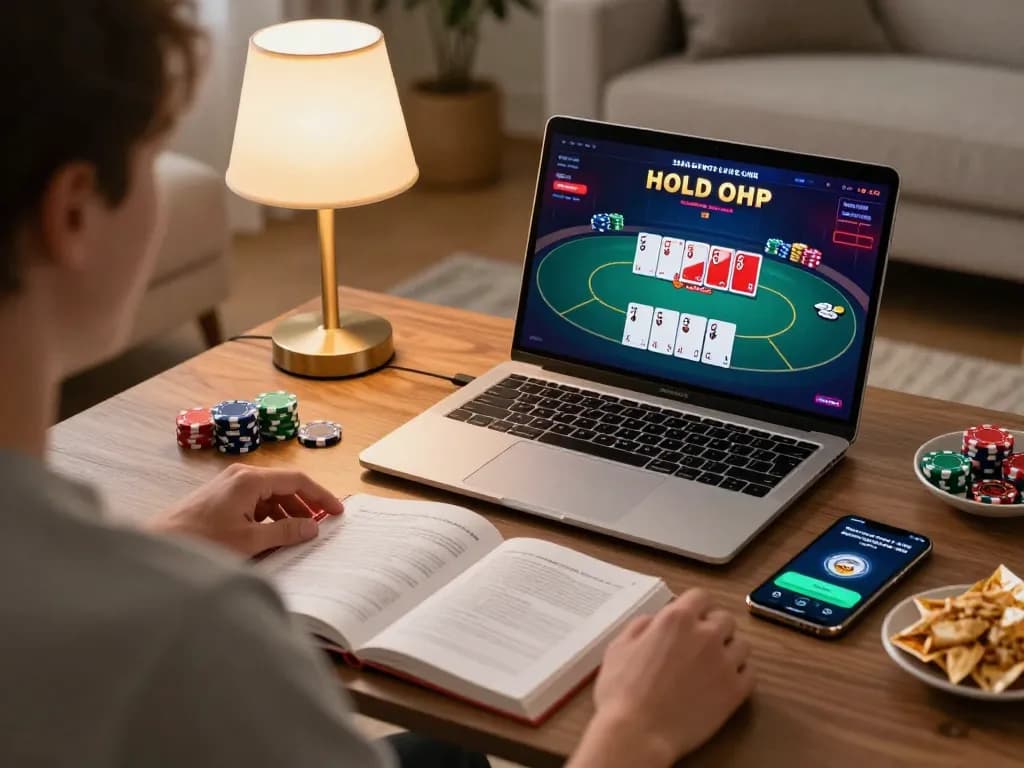 Go8 online poker player analyzing strategies at home gaming setup with laptop and chips.